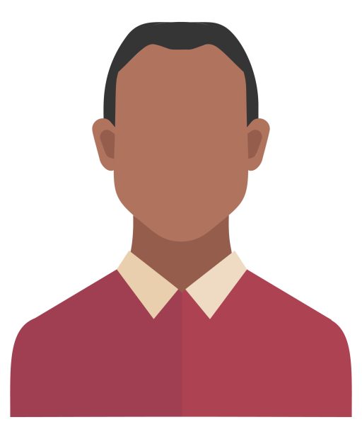 A man wearing a red shirt with a white collar.